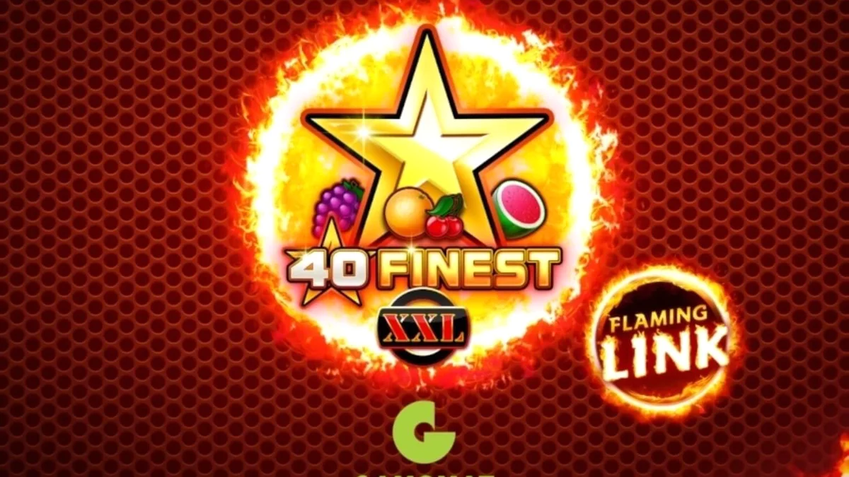 Tampilan visual slot 40 Finest XXL Flaming Link dengan simbol buah neon dan latar belakang api.