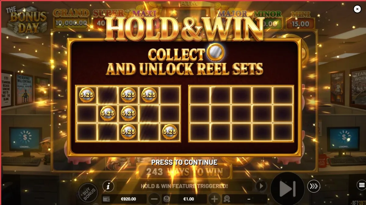 Tampilan visual slot The Bonus Day dengan tema kantor dan simbol bonus